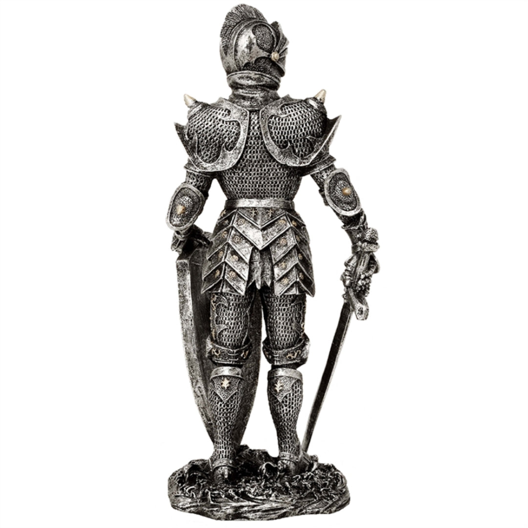 Decoratief beeldje ridder in zilveren harnas 30 cm met mogelijkheid tot personalisatie met gravure - elegant cadeau voor liefhebbers van geschiedenis en fantasy, handbeschilderd van polyresin