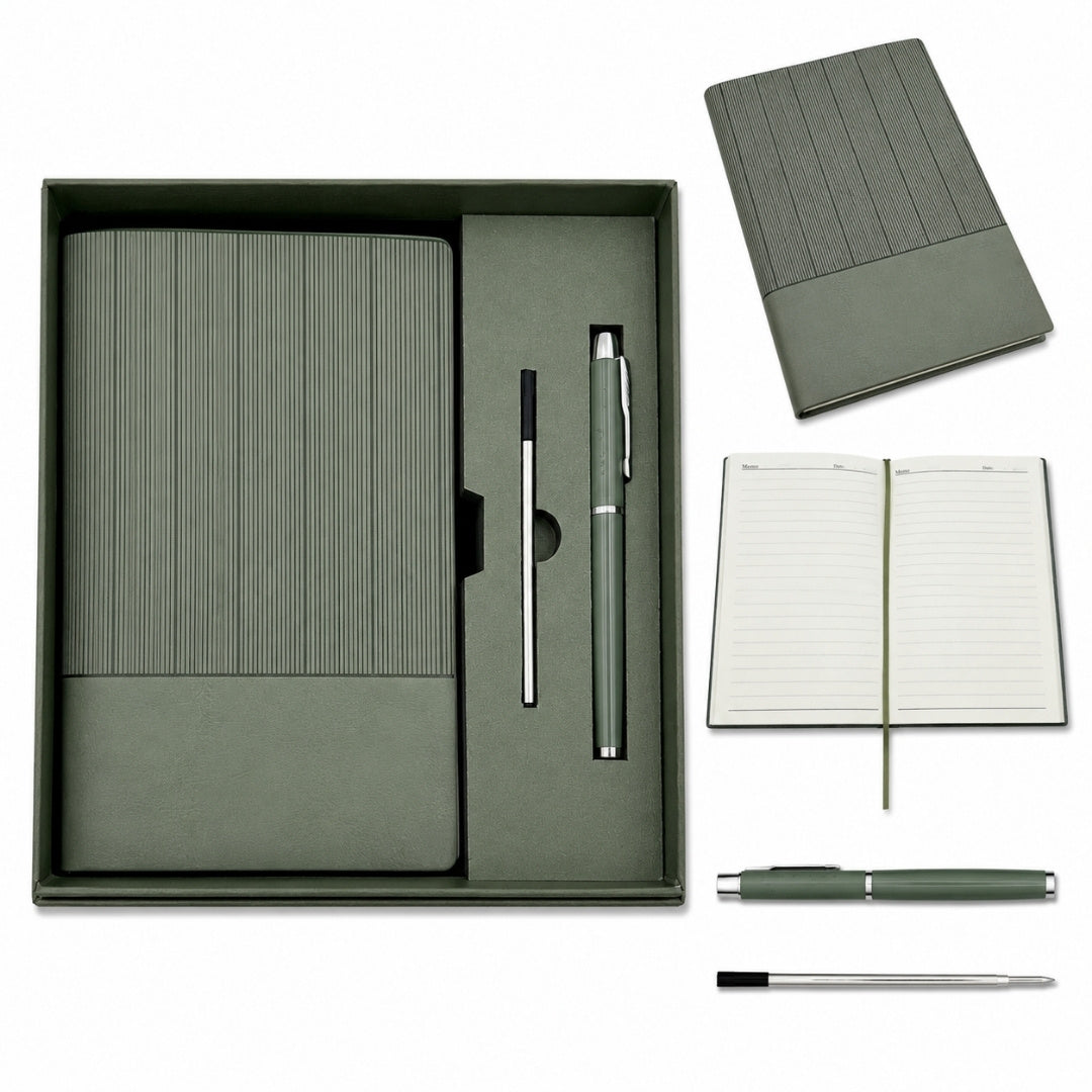 Elegante geschenkset - leren notitieboek A5 met pen in geschenkdoos - olijfgroen - EE14