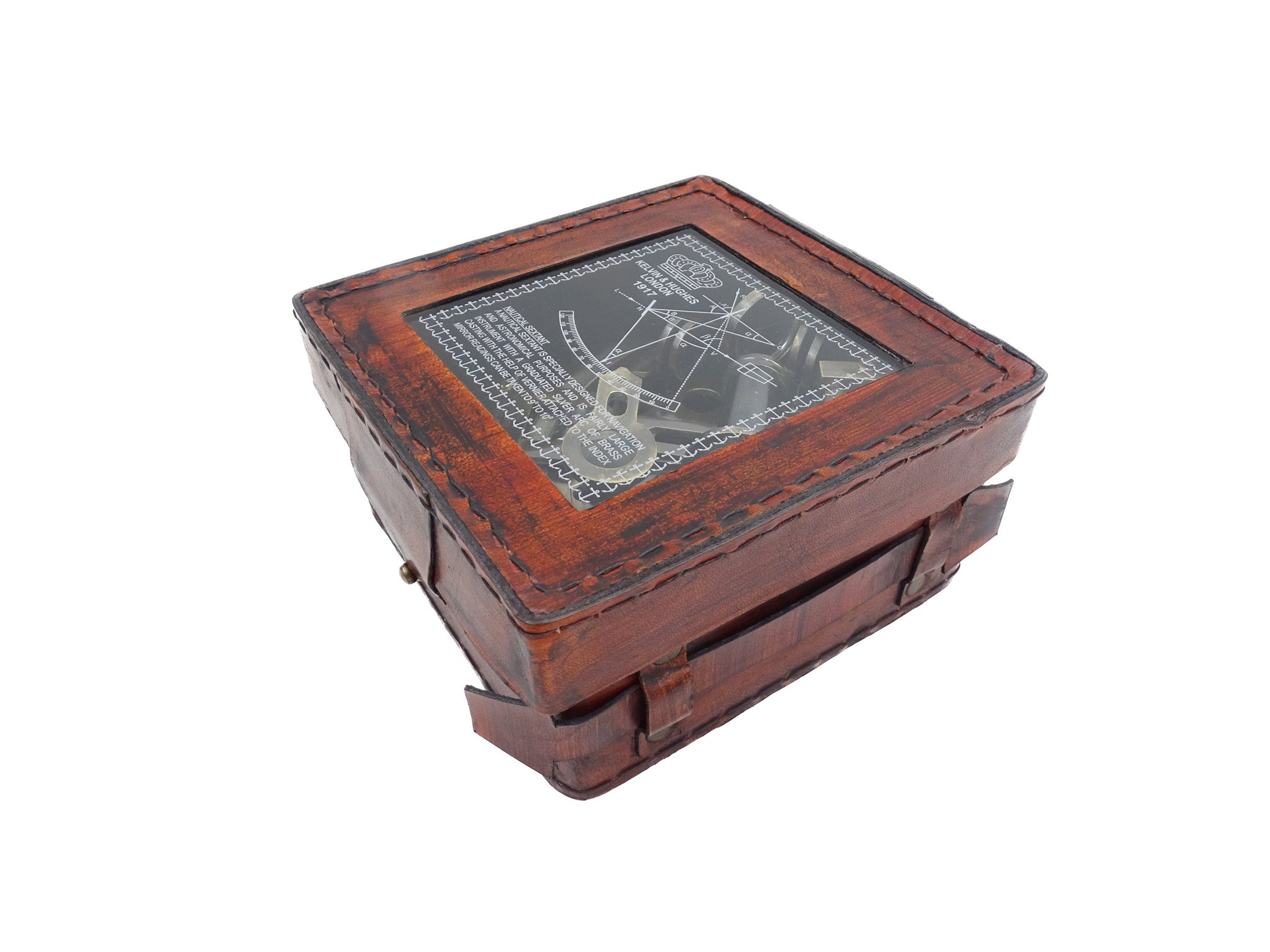 Messing sextant met gravure in leren doos - replica uit 1917, ideaal als cadeau voor zeilers en astronomen, afmetingen 13x12x6 cm, antiek, materiaal: messing en glas