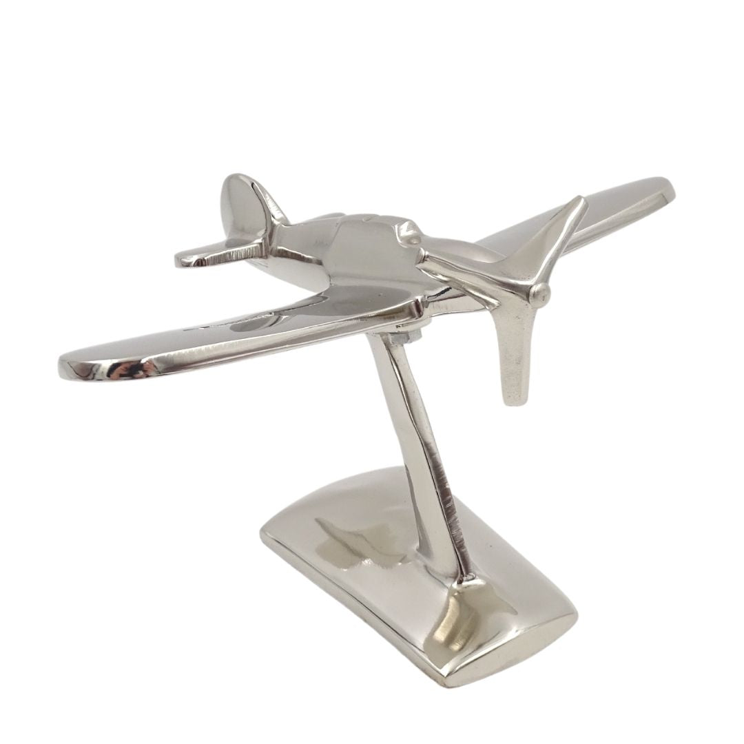Model van eenmotorig vliegtuig N-0896 van aluminium in zilverkleur, 17x14x11 cm
