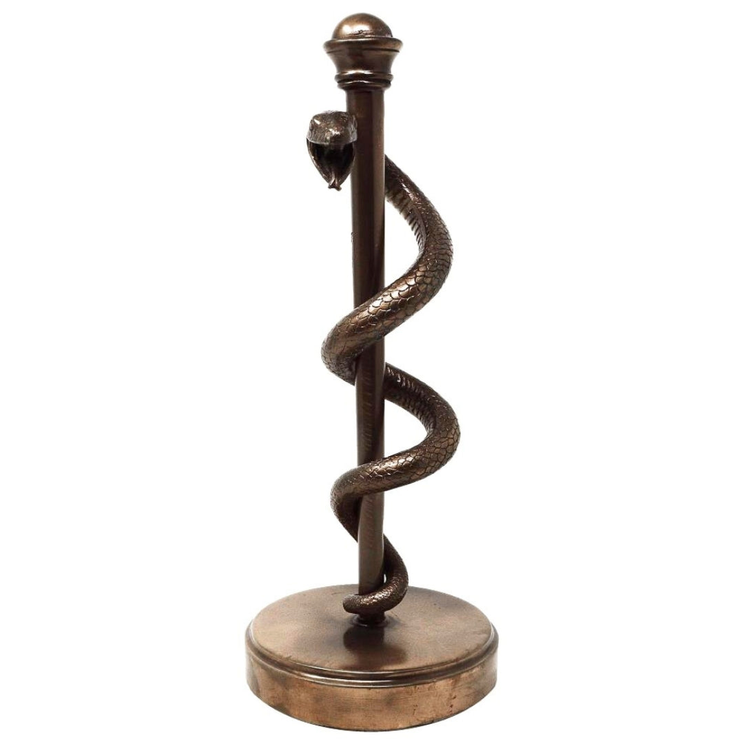Beeldje van de Staf van Asklepios 30 cm van hars - gepersonaliseerd cadeau voor een arts, verpleegkundige of apotheker - bronzen/messingkleurige decoratie met gravure