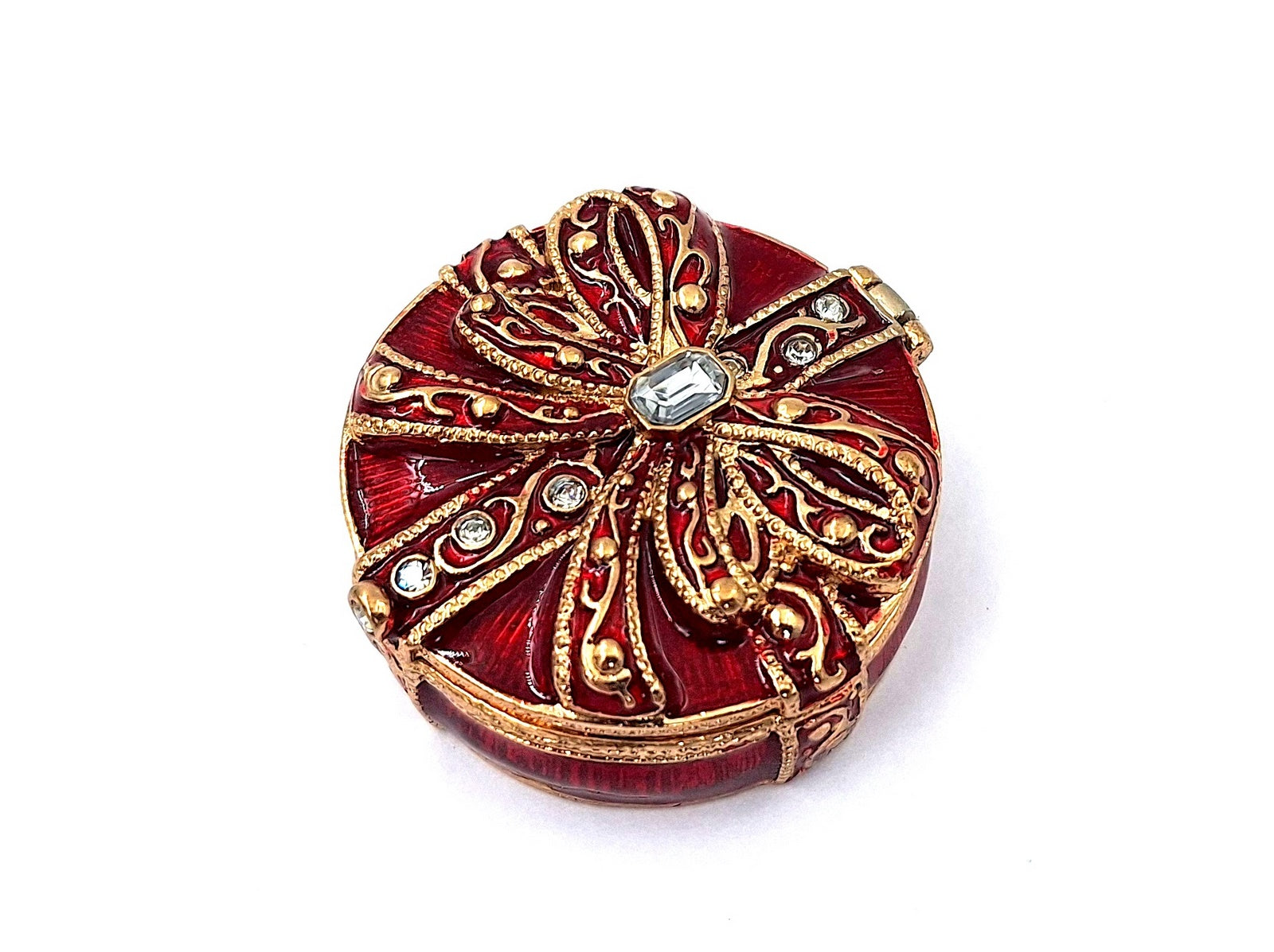 Exclusief metalen geschenkdoosje met kristalletjes B0118-08 in rood-gouden kleur, mogelijkheid tot personalisatie door gravure, ideaal voor sieraden en als elegant cadeau voor elke vrouw, afmetingen 4x4x1 cm, glamourstijl