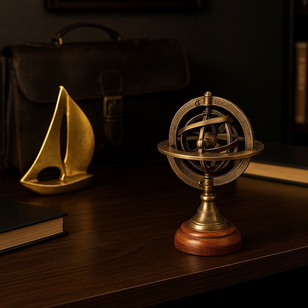 Messing astrolabium 14cm met gravure - uniek cadeau voor liefhebbers van astronomie, elegante decoratie van messing en hout in goudkleur