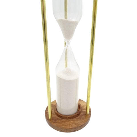 Messing-houten zandloper 30min met mogelijkheid tot personalisatie door gravure - elegant cadeau voor elke gelegenheid, hoogte 30,5cm, wit zand, klassieke materialen