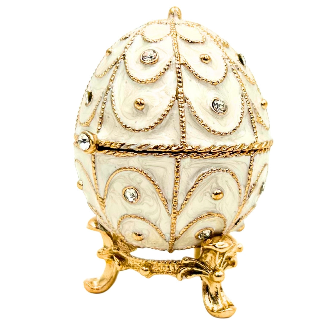 Exclusief metalen Fabergé-ei-sieradendoosje met kristalletjes in wit-goud met mogelijkheid tot personalisatie met gravure