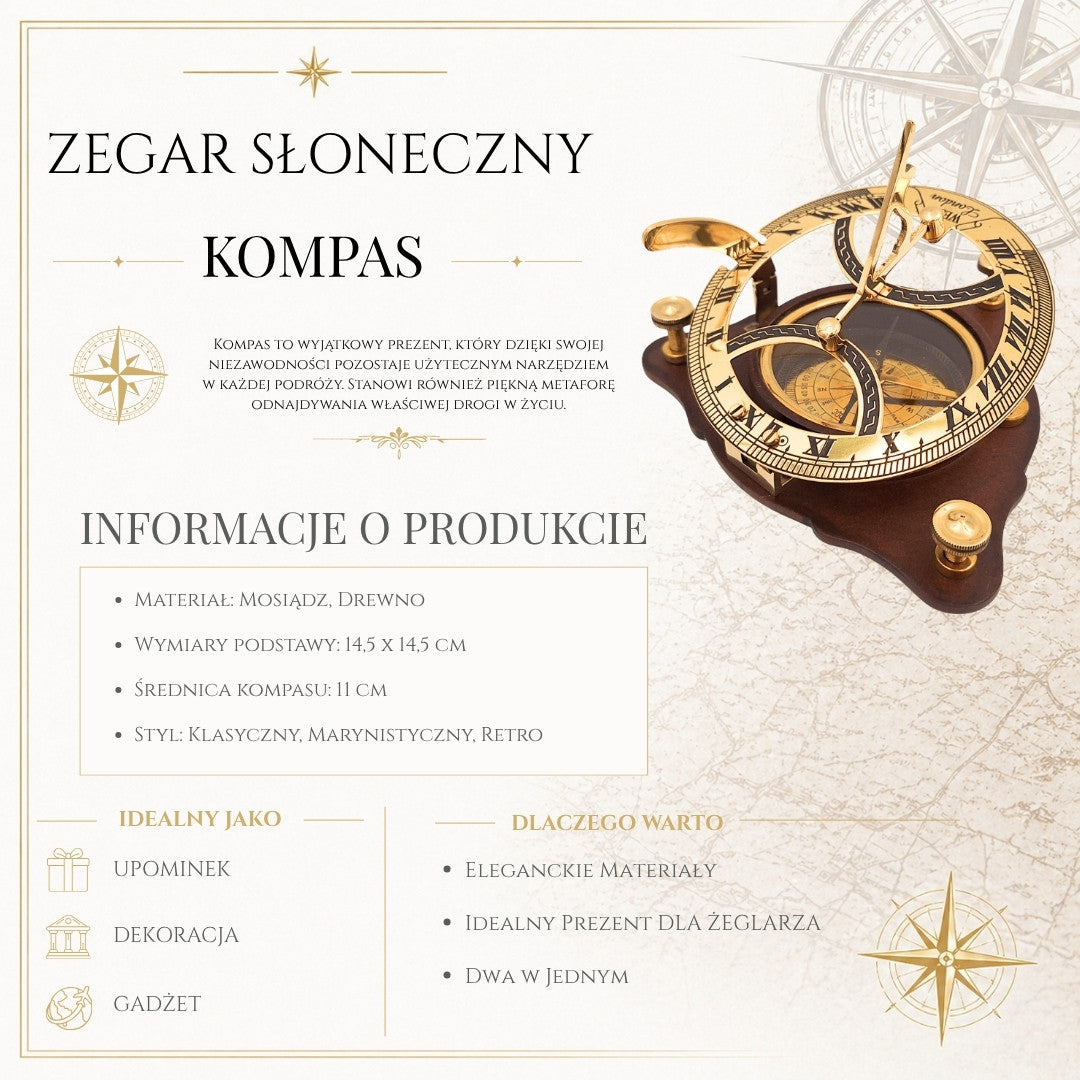 Elegant messing kompas met zonnewijzer op houten voet C064 met mogelijkheid tot personalisatie met gravure
