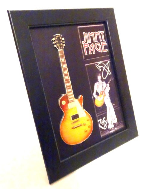 Mini-gitaar in Jimmy Page-stijl met lijst FMG-012, mogelijkheid tot personalisatie met gravure, ideaal als cadeau, houten lijst 1,3cm x 16cm x 21,4cm, stalen mini-gitaar om neer te zetten of aan de muur te hangen