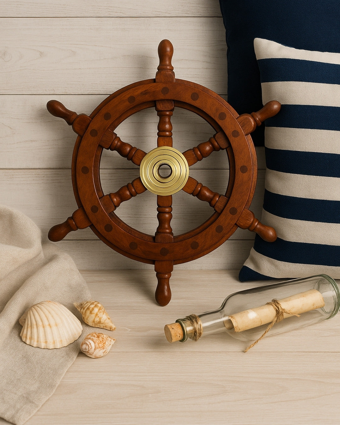 Houten stuurwiel met messing inzetstuk en ruimte voor een wig - diameter 30 cm - ideaal cadeau met mogelijkheid tot personalisatie met gravure - maritieme en retrostijl