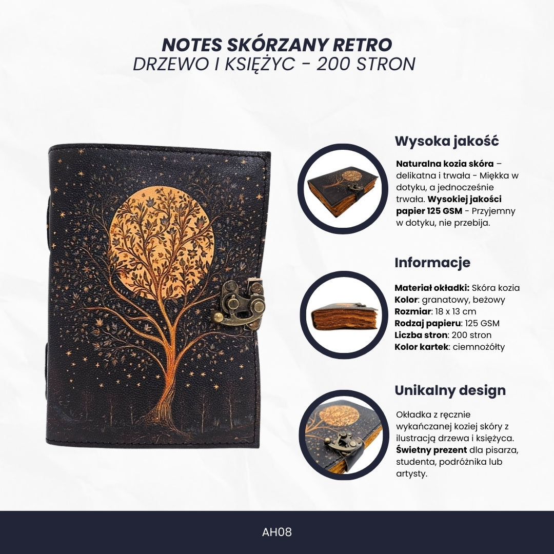 Vintage retro leren notitieboek Boom en Maan 200 pagina's met mogelijkheid tot personalisatie door gravure