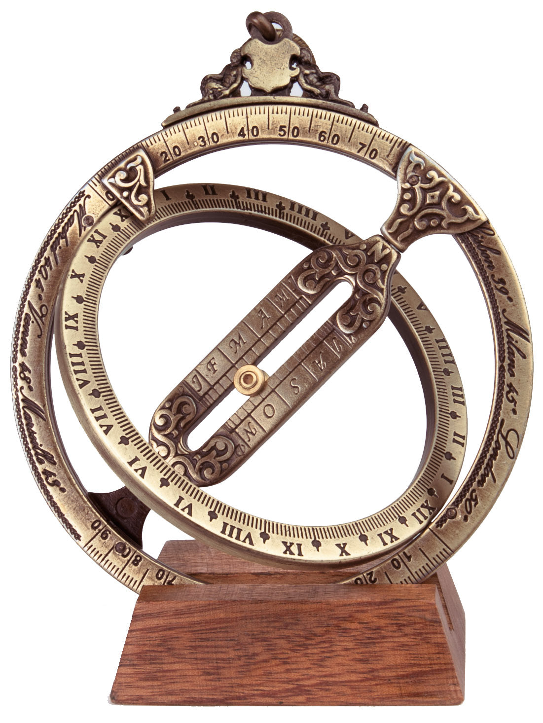 Zonnewijzer H21 met astronomische ringen, gepersonaliseerd met gravure, elegant cadeau voor op het bureau, hoogte 12 cm, messing en zamak