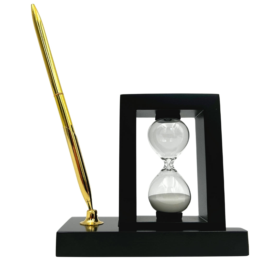 Decoratieve bureauset met zandloper 3 minuten en penhouder met gravure