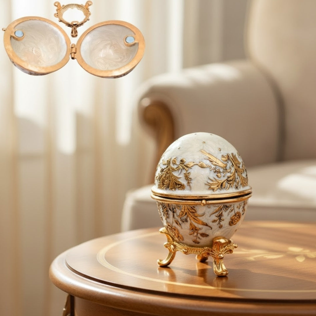 Exclusief metalen Fabergé-ei-sieradendoosje met kristalletjes in wit-gouden kleur met mogelijkheid tot personalisatie met gravure