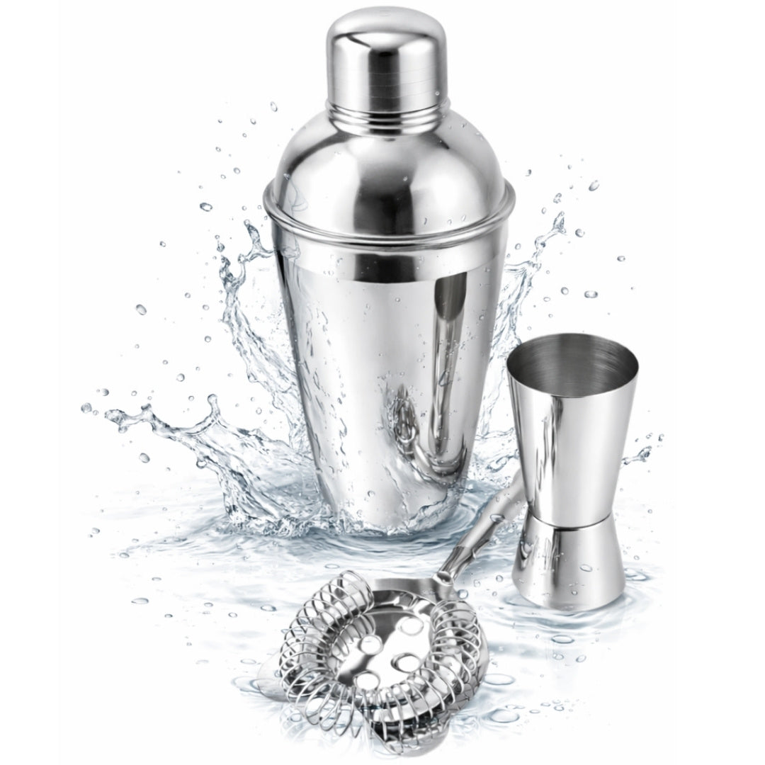Barmanset Steel 3-delig met mogelijkheid tot personalisatie met gravure - shaker 750 ml, jigger 15/30 ml, strainer - elegant cadeau voor cocktailliefhebbers, roestvrij staal, zilverkleurig
