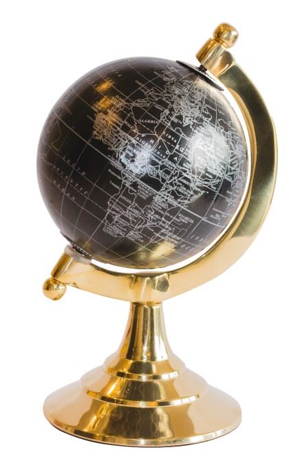 Decoratieve globe Black & Gold met mogelijkheid tot personalisatie van de gravure – elegant cadeau-accessoire, hoogte 20 cm, messing voet, zwarte kaart met zilveren opschriften
