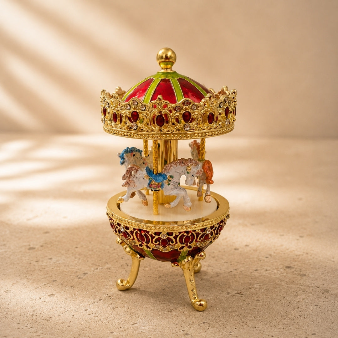 Muzikale carrousel-speeldoos met gravure - elegante decoratie in goud en rood, 14 cm