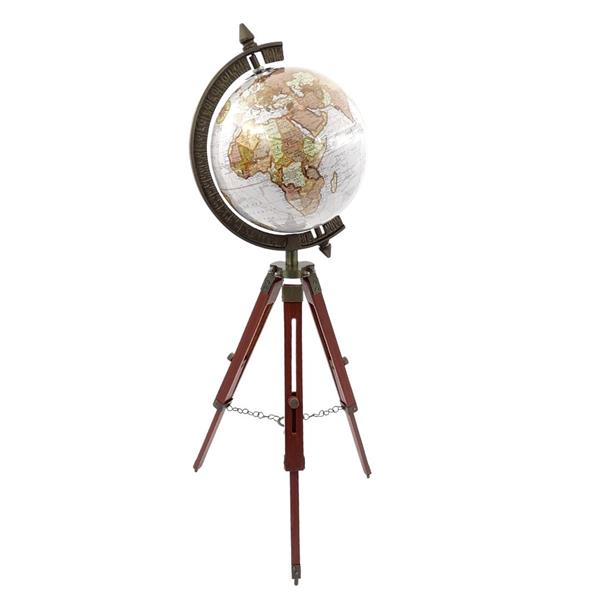 Elegante koloniale globe op houten driepoot NC2140 met verstelbare hoogte tot 78 cm, gelamineerde kaart in tinten wit en bruin, ideaal als cadeau met mogelijkheid tot personalisatie met gravure