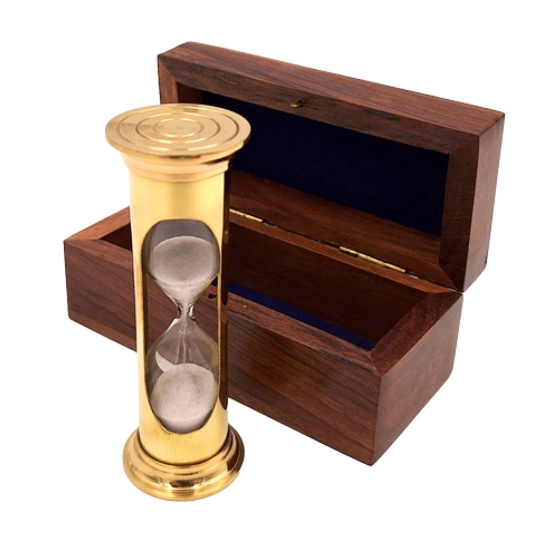 Zandloper ROUND STP99 in houten doos met mogelijkheid tot personalisatie met gravure, messing, goudkleurig, 3 minuten, ideaal cadeau voor RPG-liefhebbers en Guinness-recordhouders