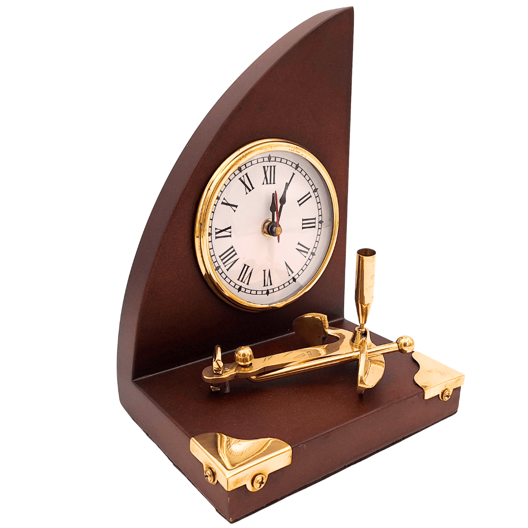Elegante maritieme bureauset met klok en pennenhouder van messing en gelakt hout – personalisatie met gravure – ideaal cadeau voor een baas of liefhebber van vintagestijl – afmetingen 16 x 12,5 x 23 cm