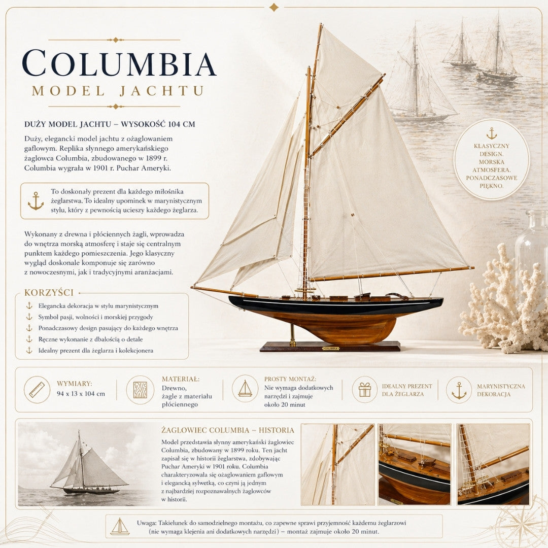 Model van het jacht Columbia met gaffeltuigage, hoogte 104 cm, houten, met mogelijkheid tot personalisatie door gravure