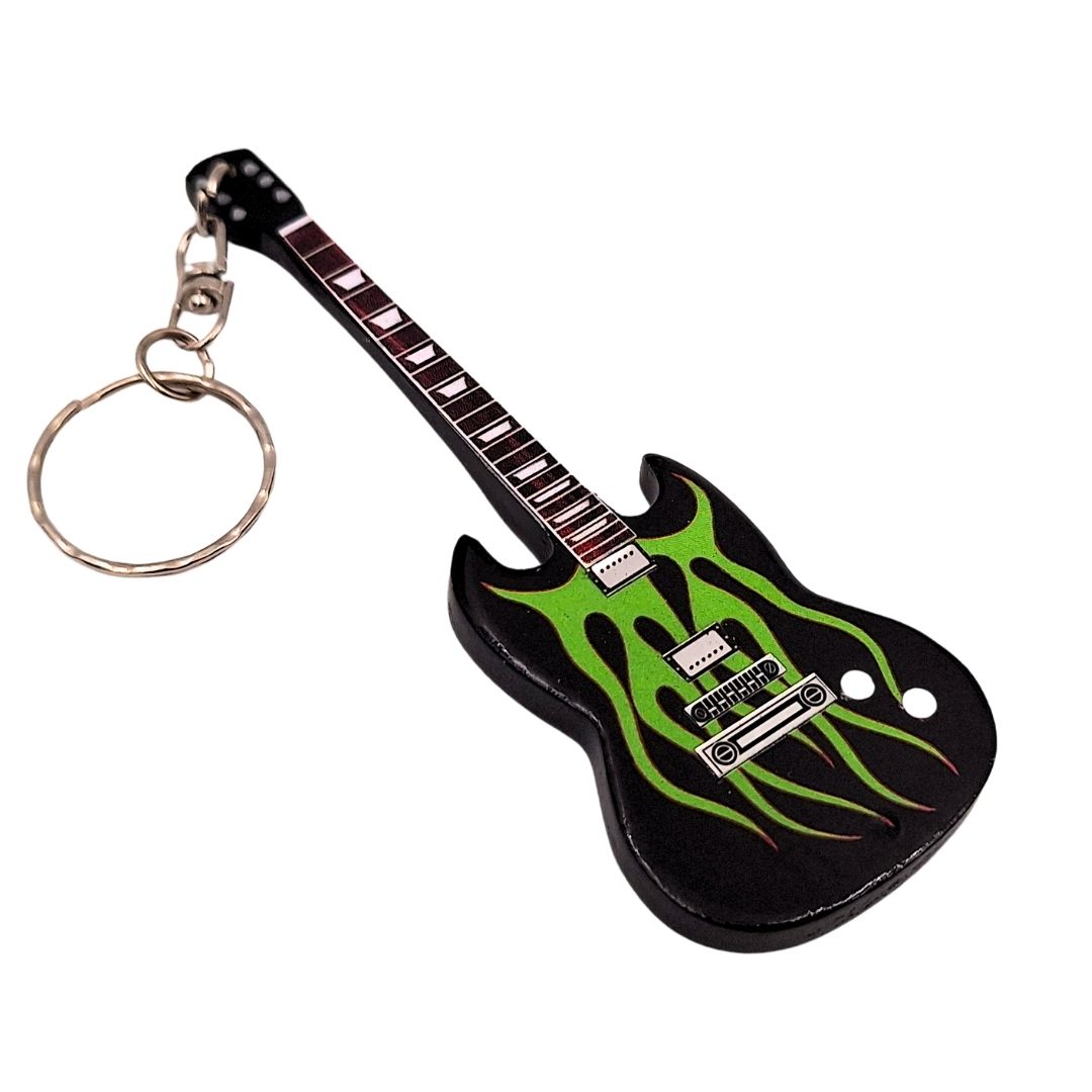 Houten Metallica Grynch-gitaarsleutelhanger met mogelijkheid tot personalisatie met gravure - ideaal cadeau voor fans van James Hetfield, gemaakt van mahoniehout, kleuren: zwart, groen, bruin, afmetingen 6 x 10 x 0,5 cm