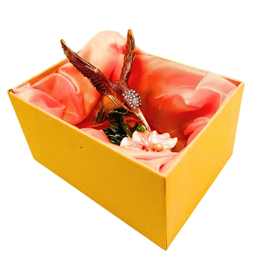 Exclusieve sieradendoos kolibrie met kristalletjes, gepersonaliseerde gravure, metaal, 8x5.5x7 cm