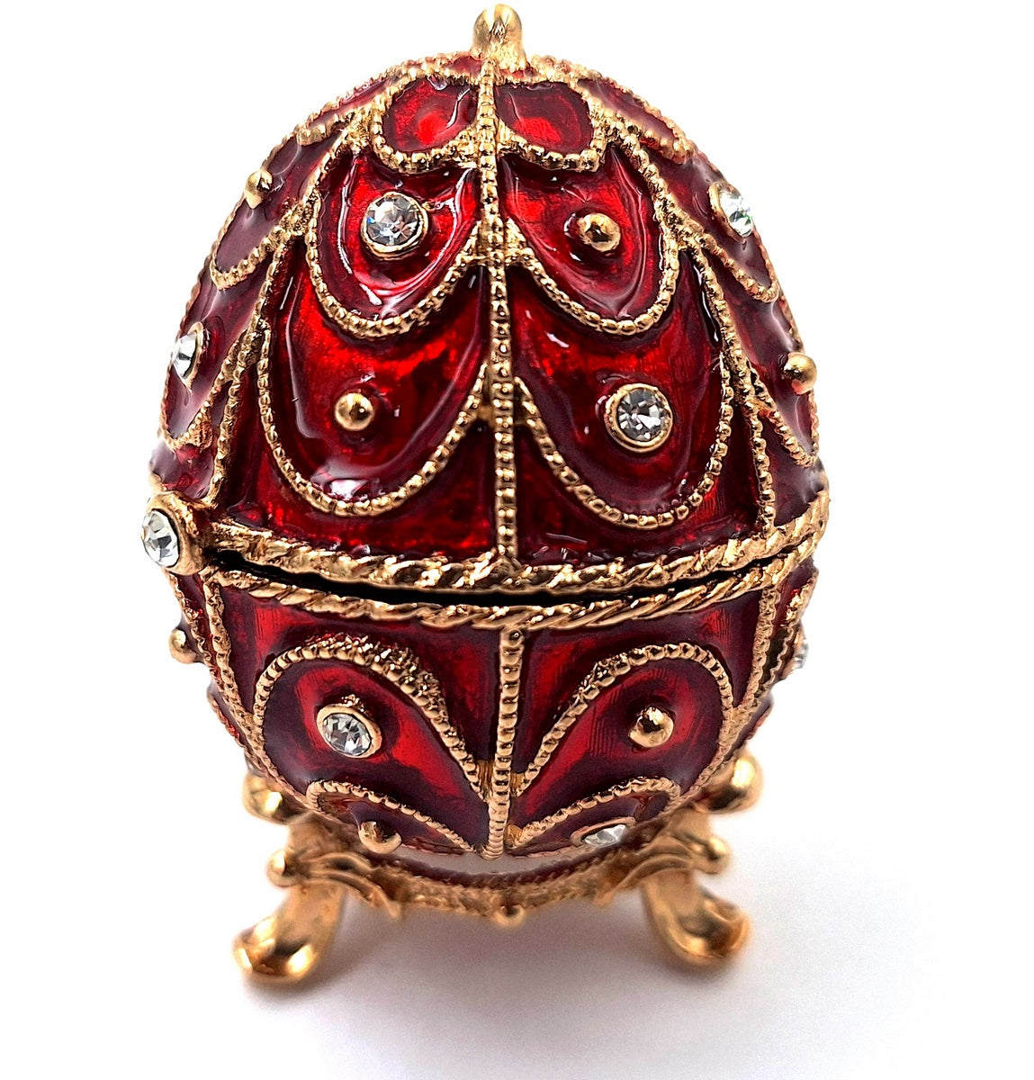 Exclusief metalen Fabergé-doosje met kristalletjes in rood-gouden kleur, mogelijkheid tot personalisatie door gravure, ideaal als cadeau, afmetingen 5,5x6,5cm