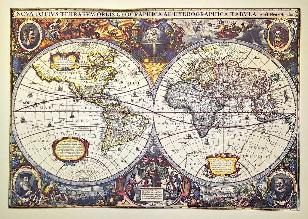 Wereldkaart 1630 - J. Hondius-reprint met mogelijkheid tot personalisatie met gravure
