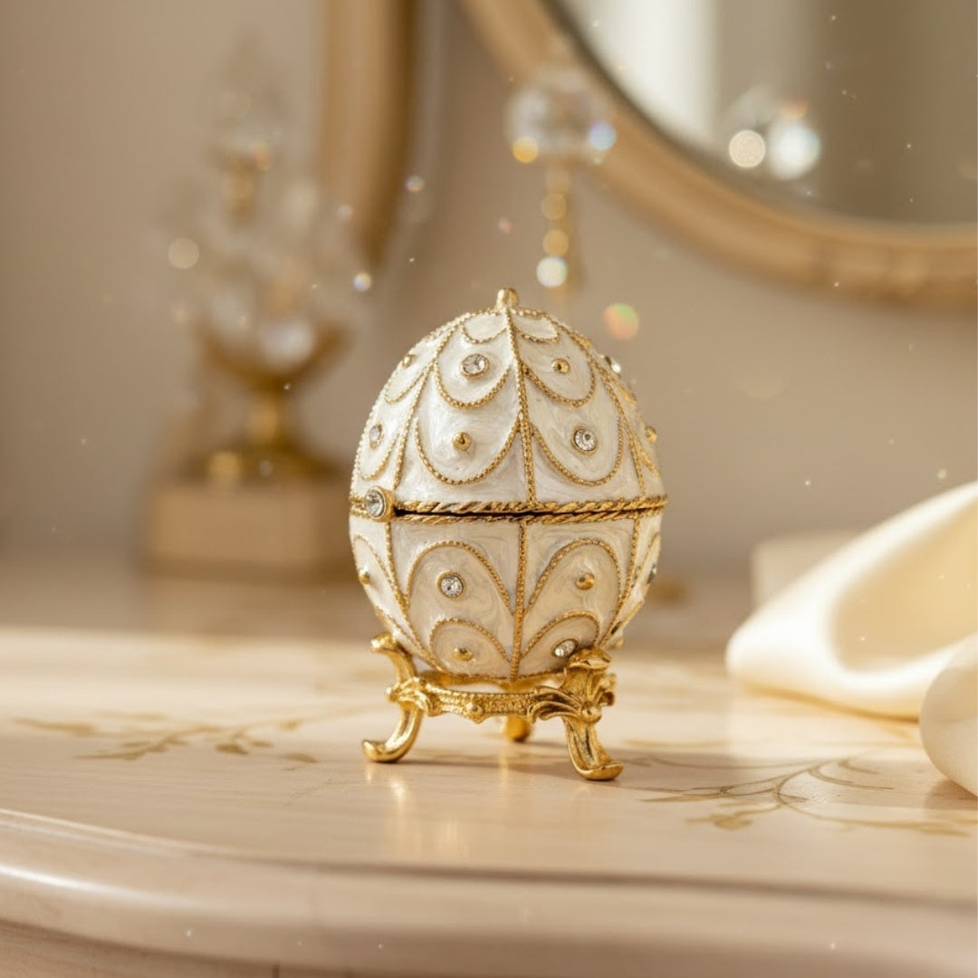 Exclusief metalen Fabergé-ei-sieradendoosje met kristalletjes in wit-goud met mogelijkheid tot personalisatie met gravure