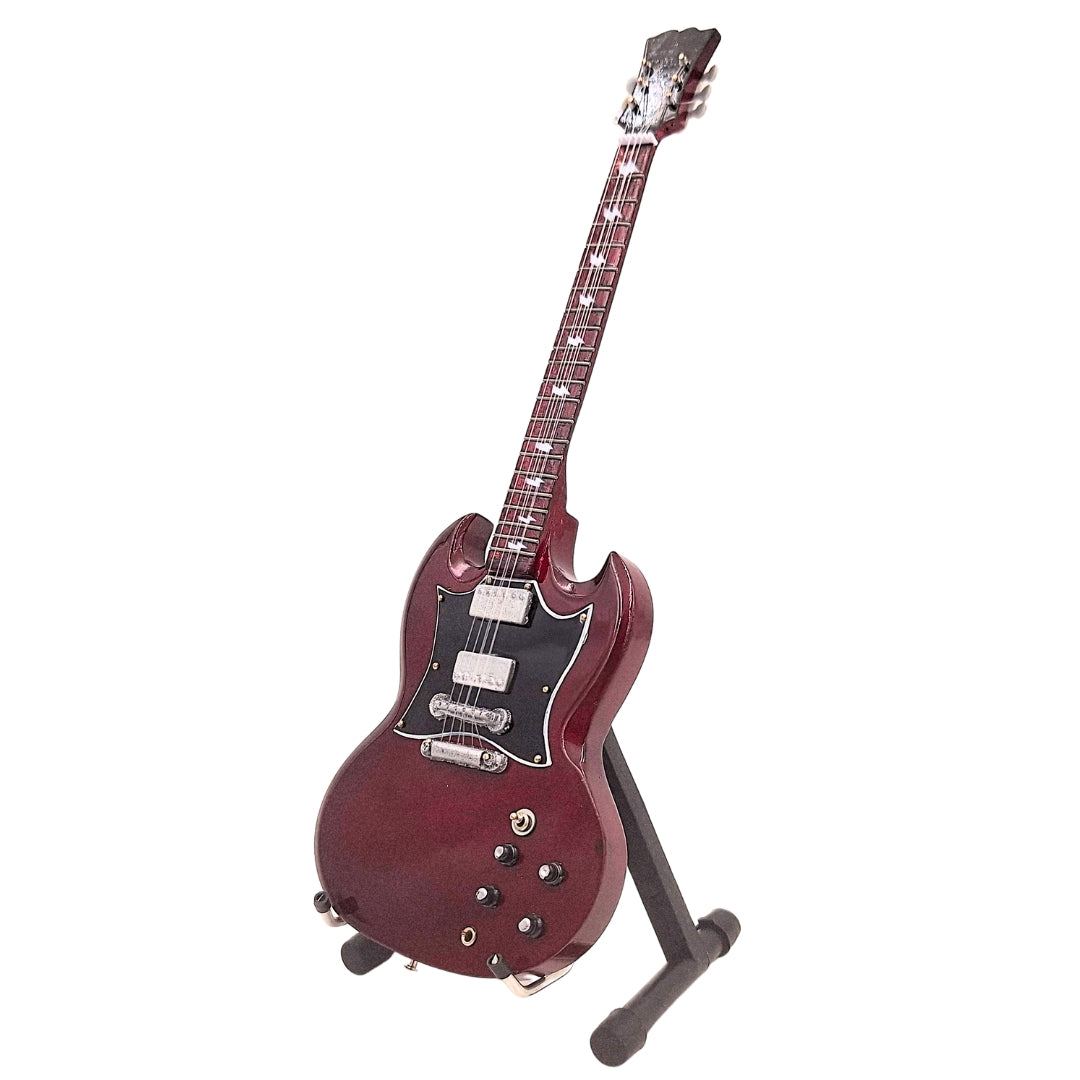 Mini-gitaar AC/DC Angus Young MGT-0567 met mogelijkheid tot personalisatie met gravure, ideaal als cadeau, handgemaakt van mahoniehout, bruin, hoogte 27,5 cm