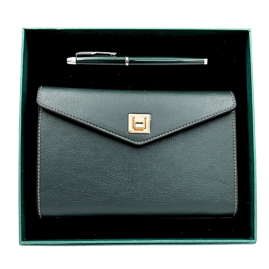 Elegante cadeauset met gepersonaliseerde gravure - leren A6-notitieboek met hoogwaardige pen in luxe geschenkdoos