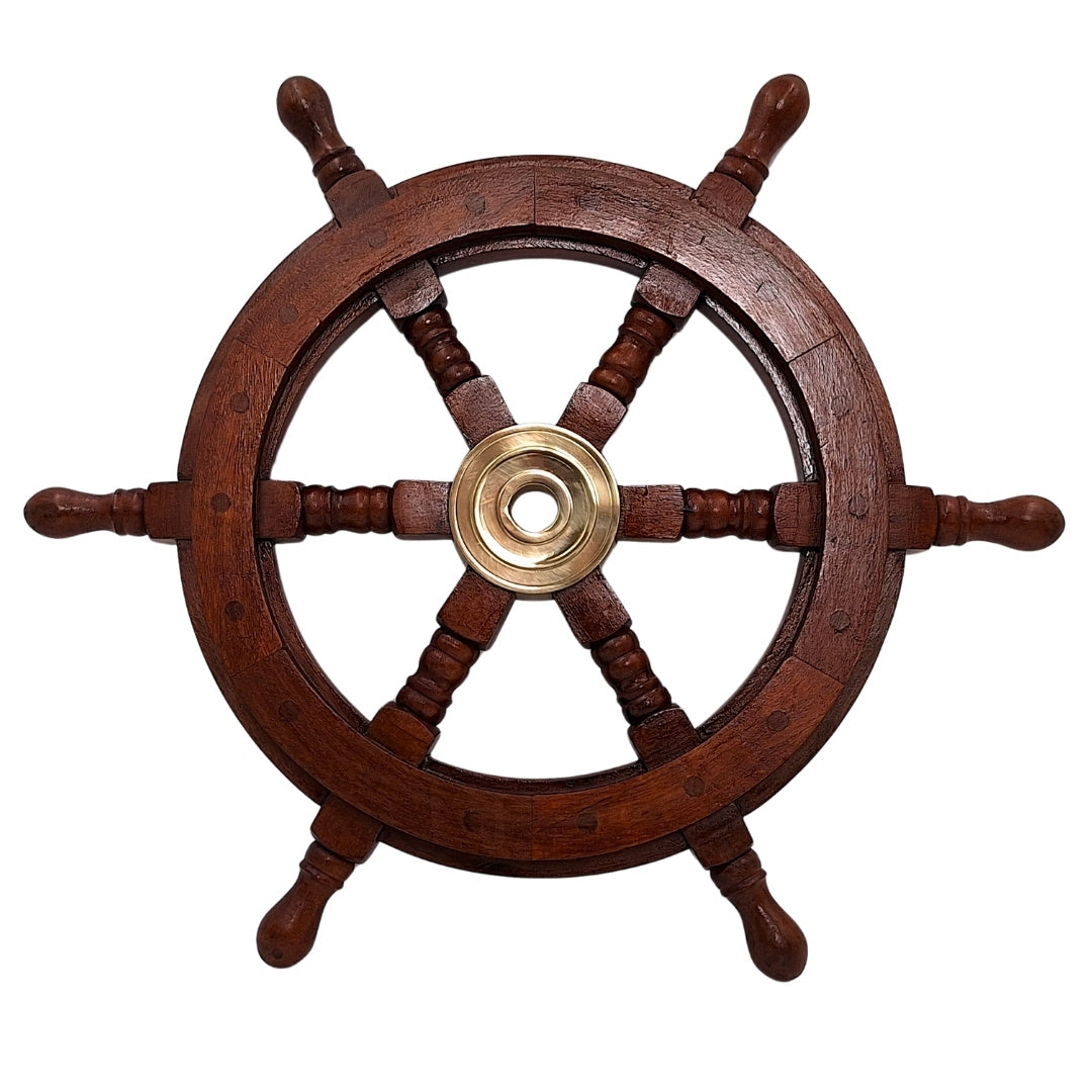 Houten stuurwiel 45 cm met messing middenstuk - Gepersonaliseerde gravure - Retro nautische decoratie als cadeau voor een zeiler of zeeliefhebber