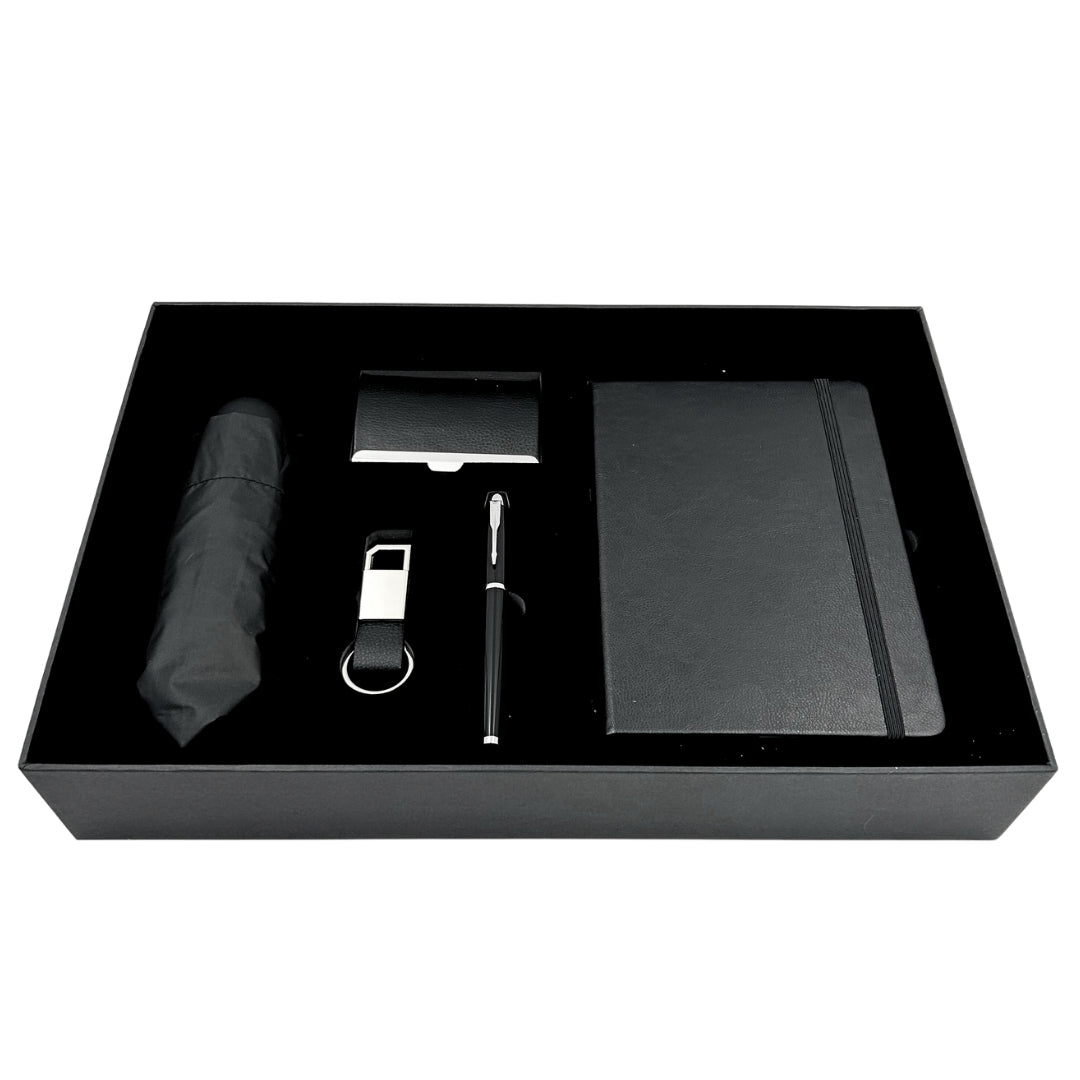 Elegante geschenkset Classico met personalisatie - leren notitieboek A5, paraplu, pen, visitekaarthouder en sleutelhanger in esthetische geschenkdoos