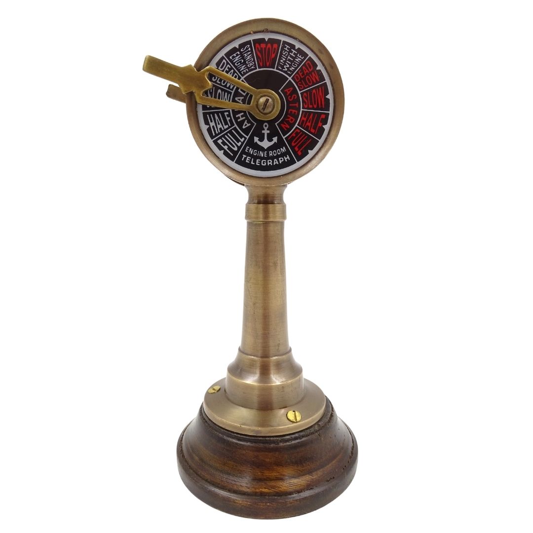 Scheepstelegraaf TG4 met gravure - gepersonaliseerd cadeau van messing en hout, hoogte 16,5 cm, kleuren goud en bruin