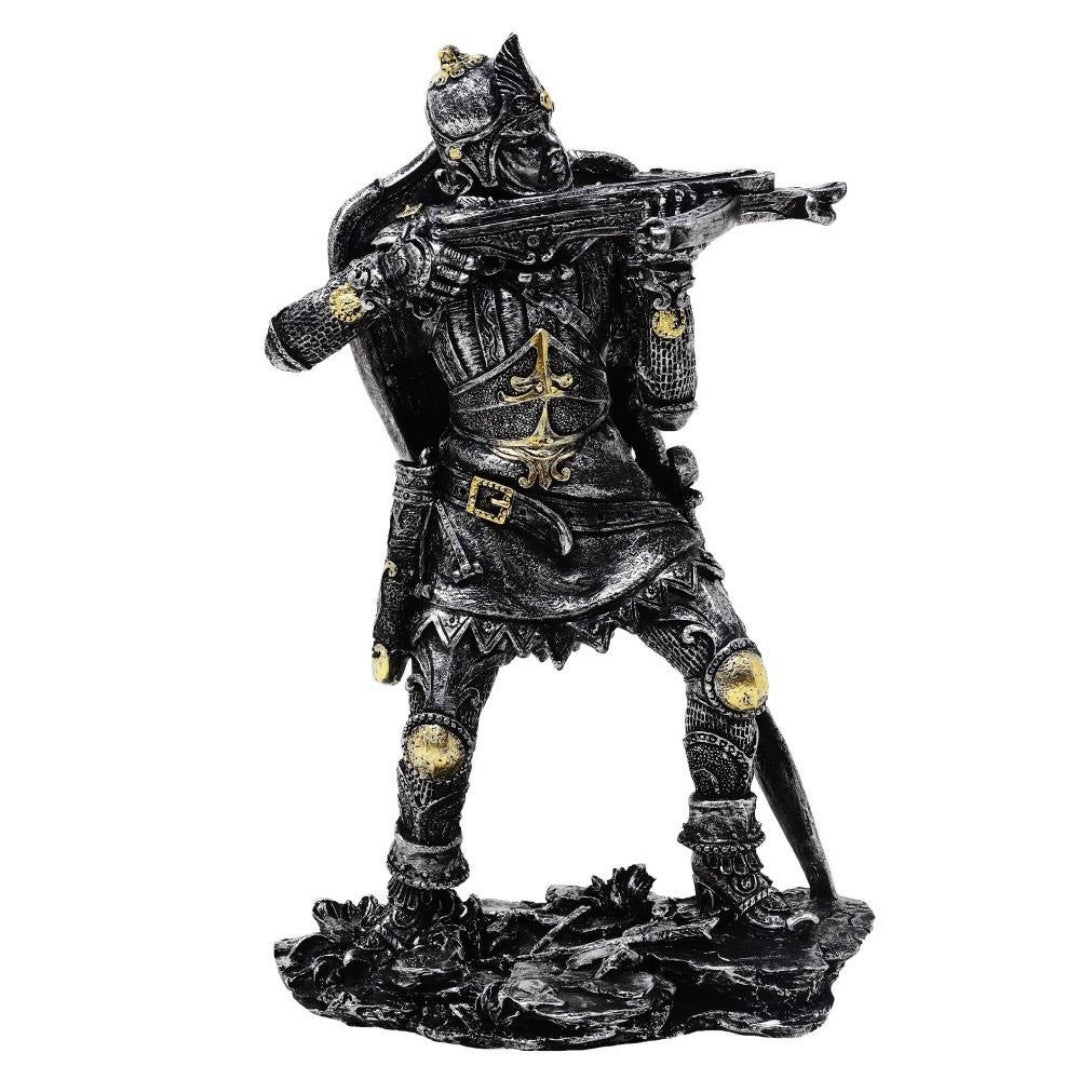 Beeldje middeleeuwse ridder met kruisboog 20cm met mogelijkheid tot personalisatie door gravure - zilver-gouden decoratie als cadeau voor liefhebbers van geschiedenis en fantasy - handbeschilderd van polyresin