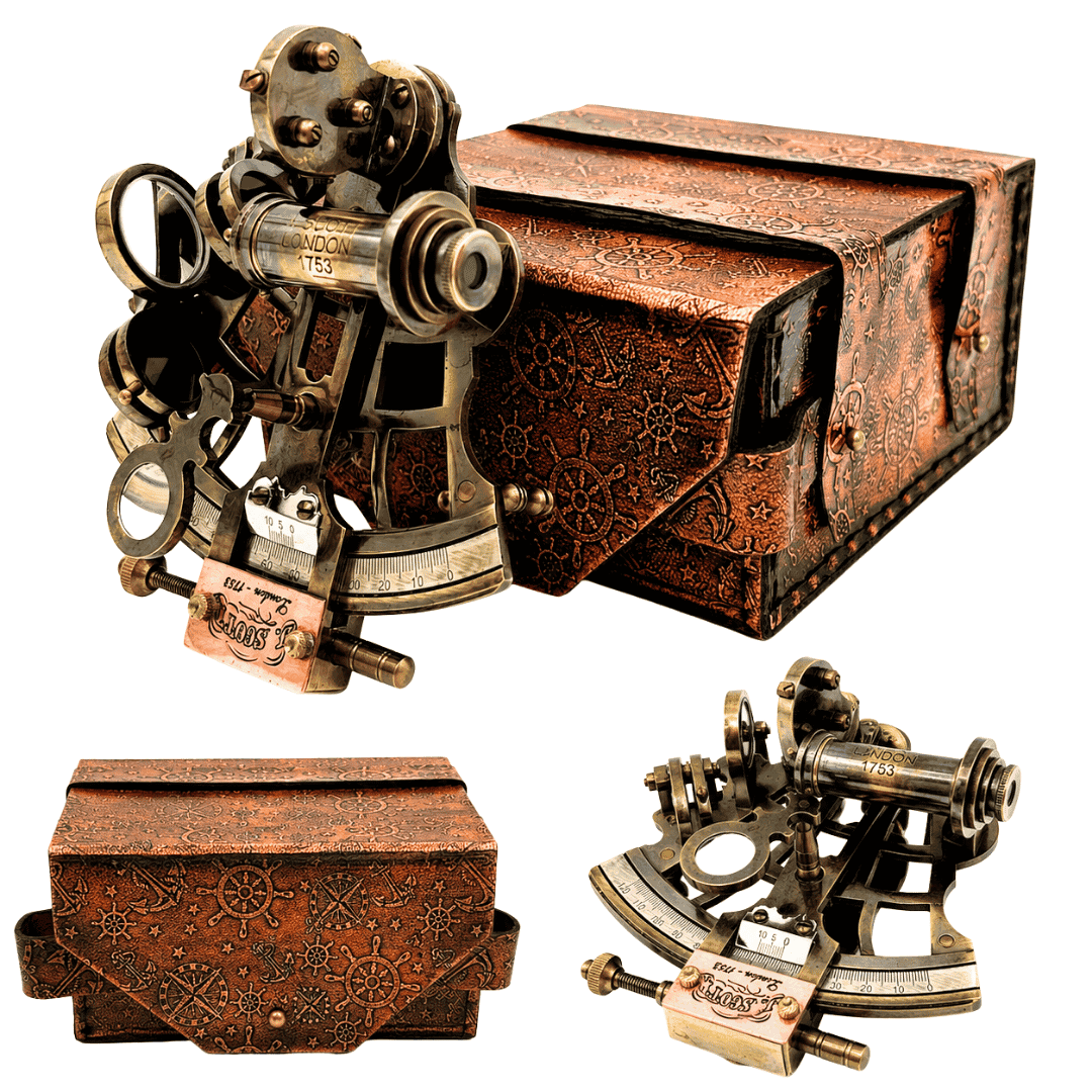 Retro messing sextant in leren etui - elegant navigatie-instrument met graveermogelijkheid - ideaal cadeau voor liefhebbers van zeilen en geschiedenis - afmetingen 13x12x7 cm