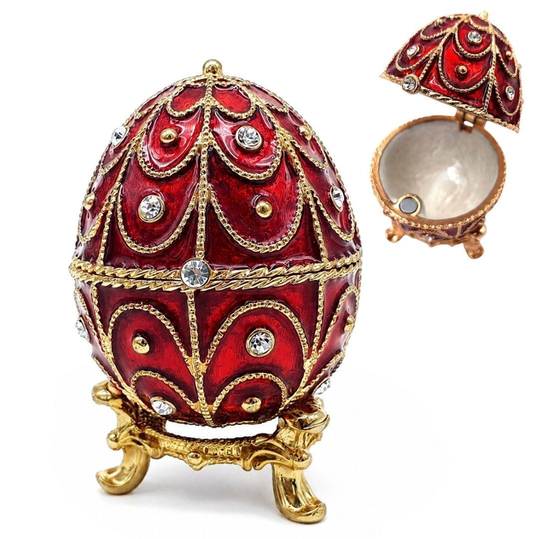 Exclusief metalen Fabergé-doosje met kristalletjes in rood-gouden kleur, mogelijkheid tot personalisatie door gravure, ideaal als cadeau, afmetingen 5,5x6,5cm