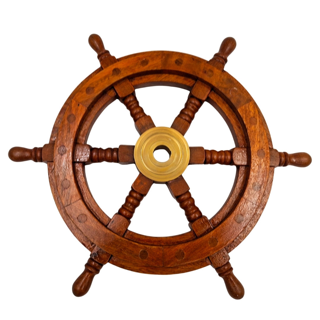 Houten stuurwiel met messing inzetstuk en ruimte voor een wig - diameter 30 cm - ideaal cadeau met mogelijkheid tot personalisatie met gravure - maritieme en retrostijl