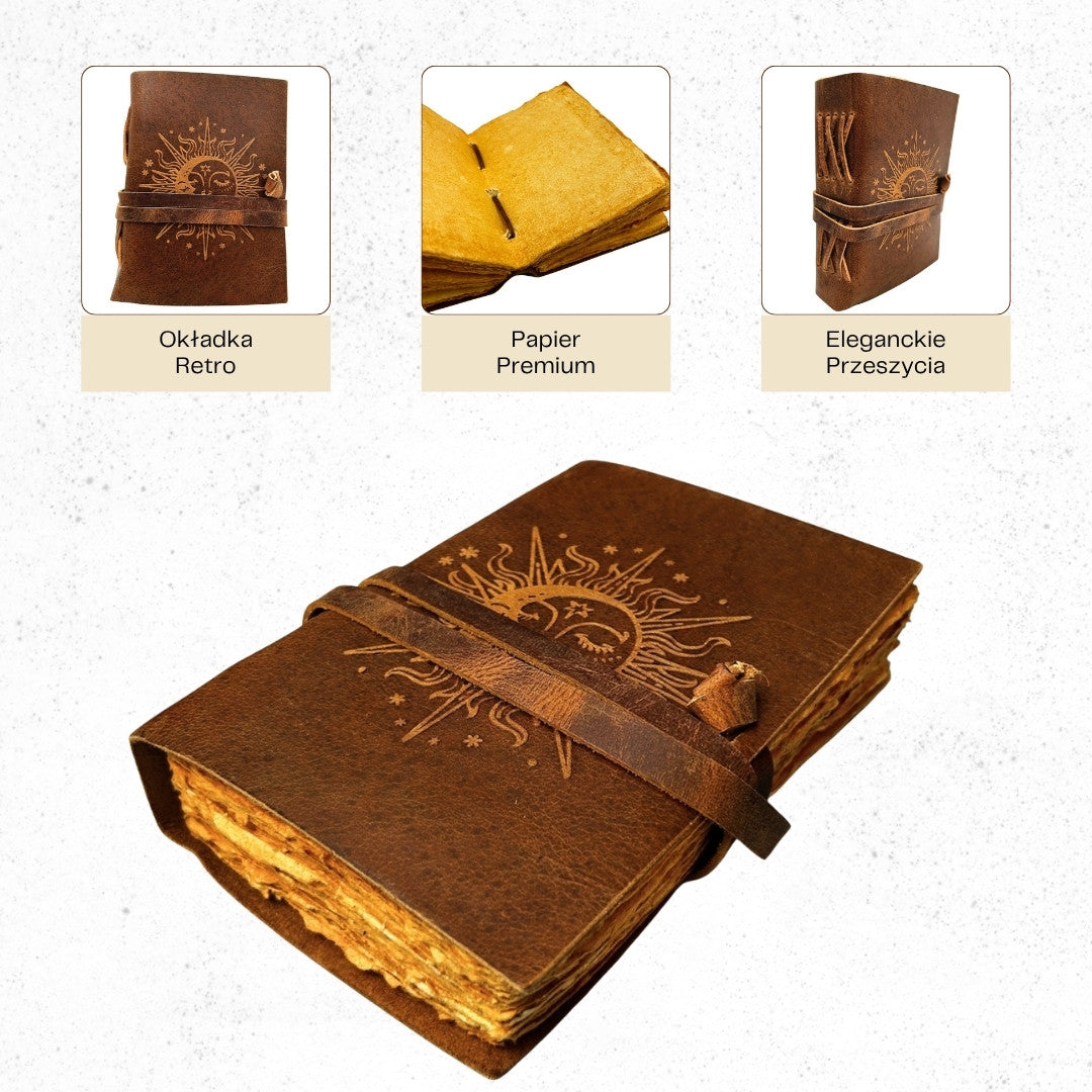 Vintage leren notitieboek 200 pagina’s met gravure - zon en maan - natuurlijk buffelleer - ideaal als cadeau - 18x13 cm - elegant dagboek met 150 GSM papier