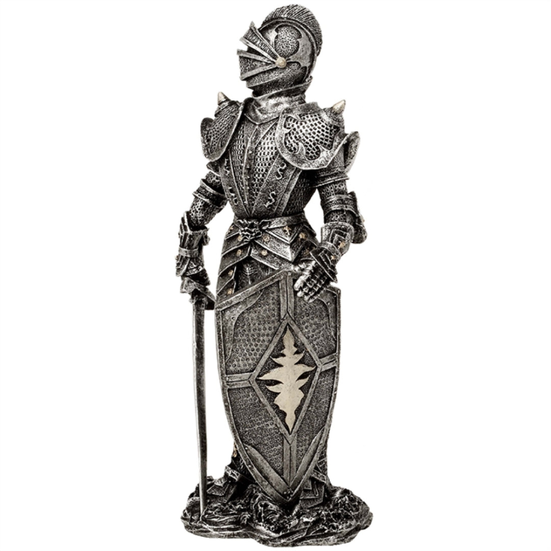 Decoratief beeldje ridder in zilveren harnas 30 cm met mogelijkheid tot personalisatie met gravure - elegant cadeau voor liefhebbers van geschiedenis en fantasy, handbeschilderd van polyresin