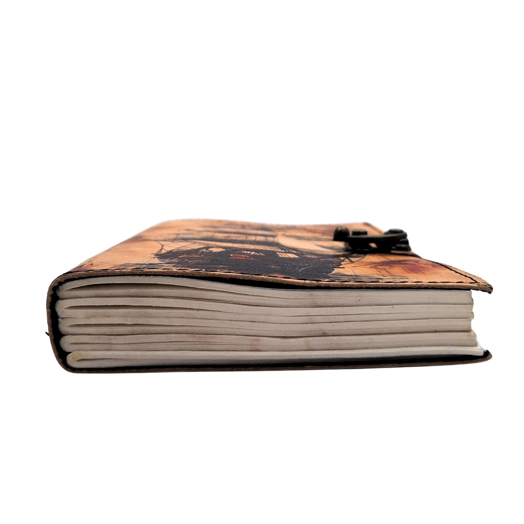 Maritiem retro leren notitieboek Zeilschip met gravure