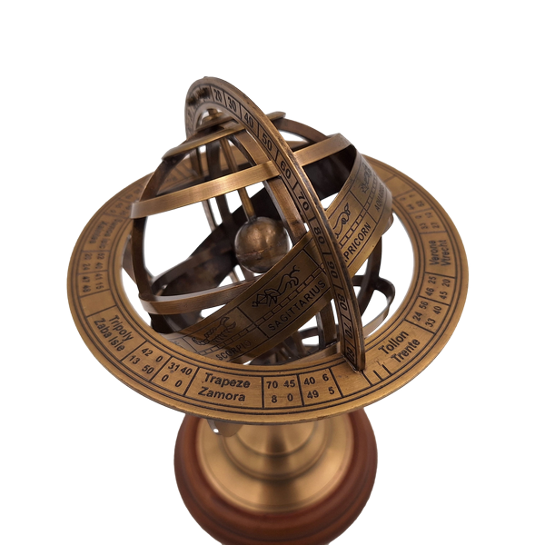Messing astrolabium 21 cm met houten voet - Gepersonaliseerd cadeau voor liefhebbers van astronomie in goudkleur