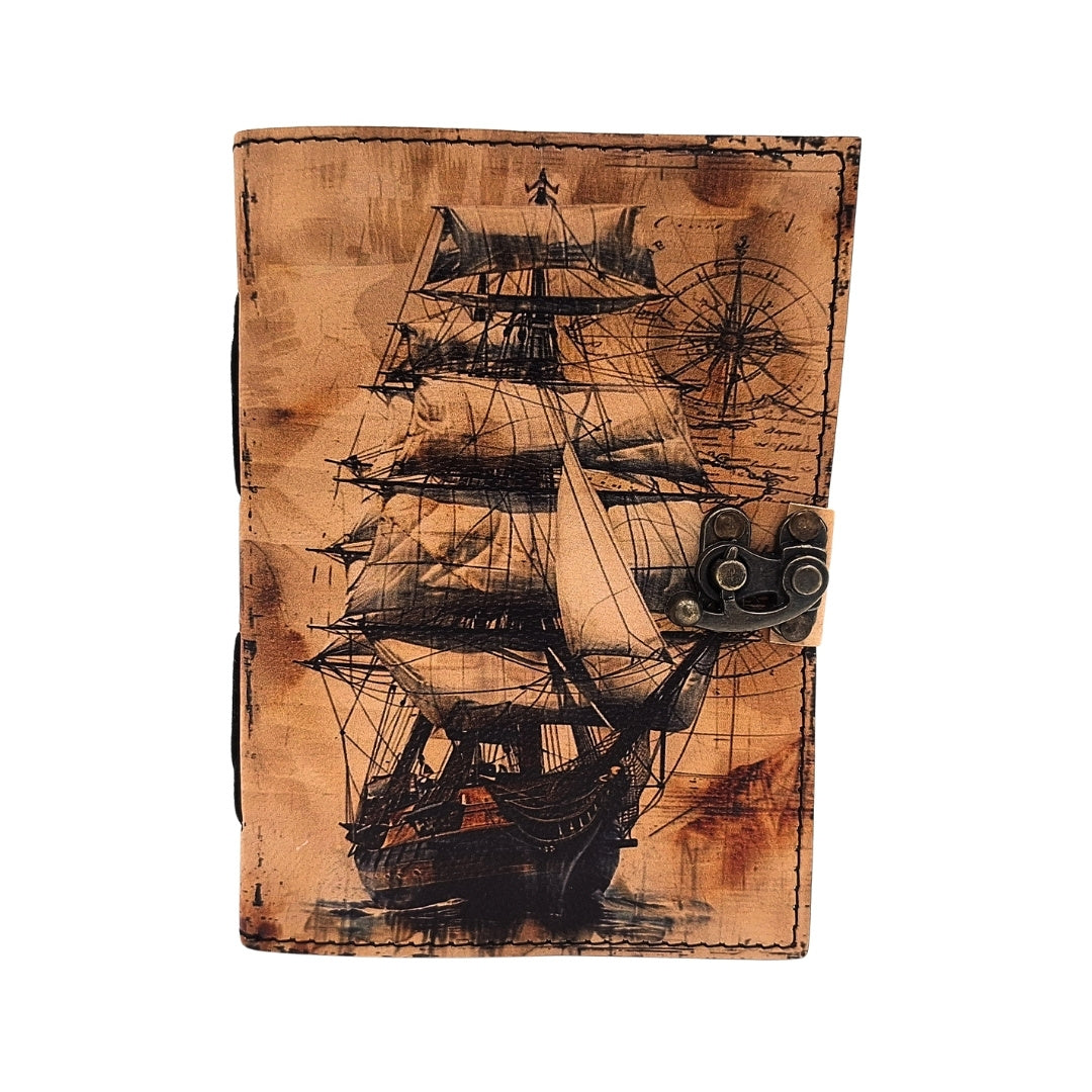 Maritiem retro leren notitieboek Zeilschip met gravure
