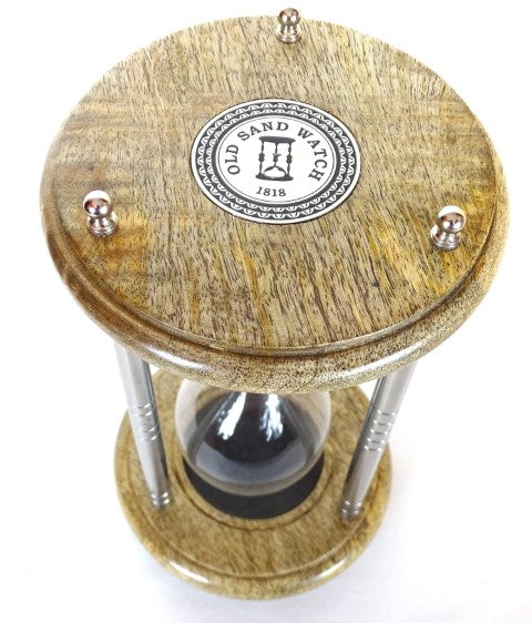Messing-houten zandloper 10 min met gravure - elegant cadeau in zwart, hoogte 25 cm, gemaakt van metaal, glas en mangohout