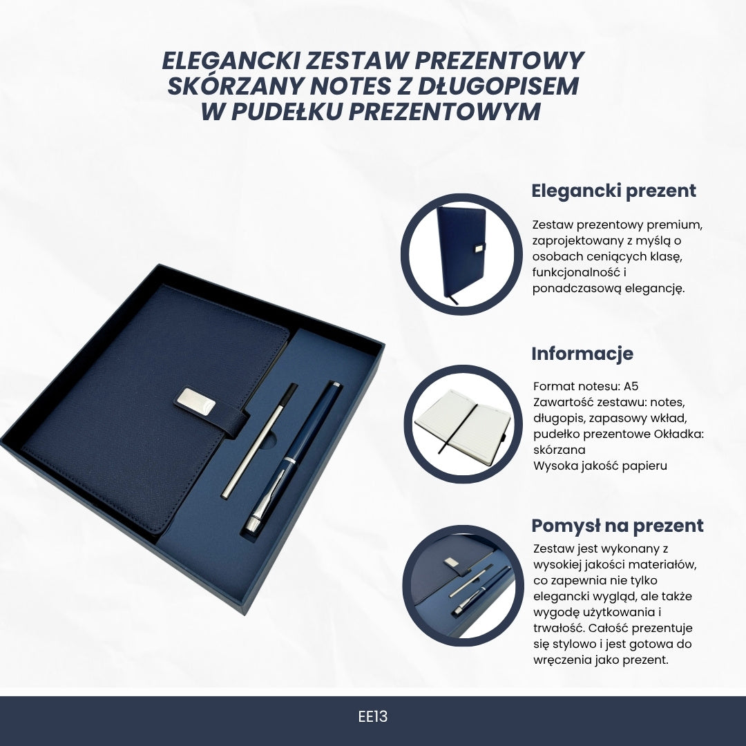 Elegant marineblauw leren notitieboek A5 met pen en gepersonaliseerde gravure in geschenkdoos