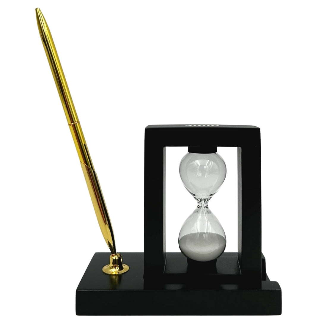 Decoratieve bureauset met zandloper 3 minuten en penhouder met gravure
