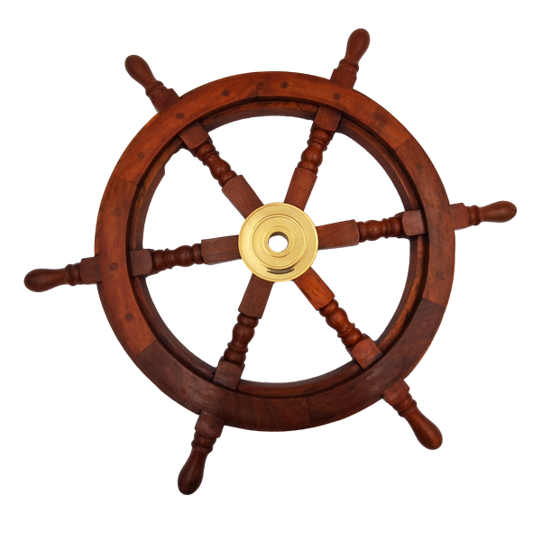 Houten stuurwiel met messing inzetstuk - Diameter 60 cm - Retro maritieme decoratie als cadeau voor een zeiler