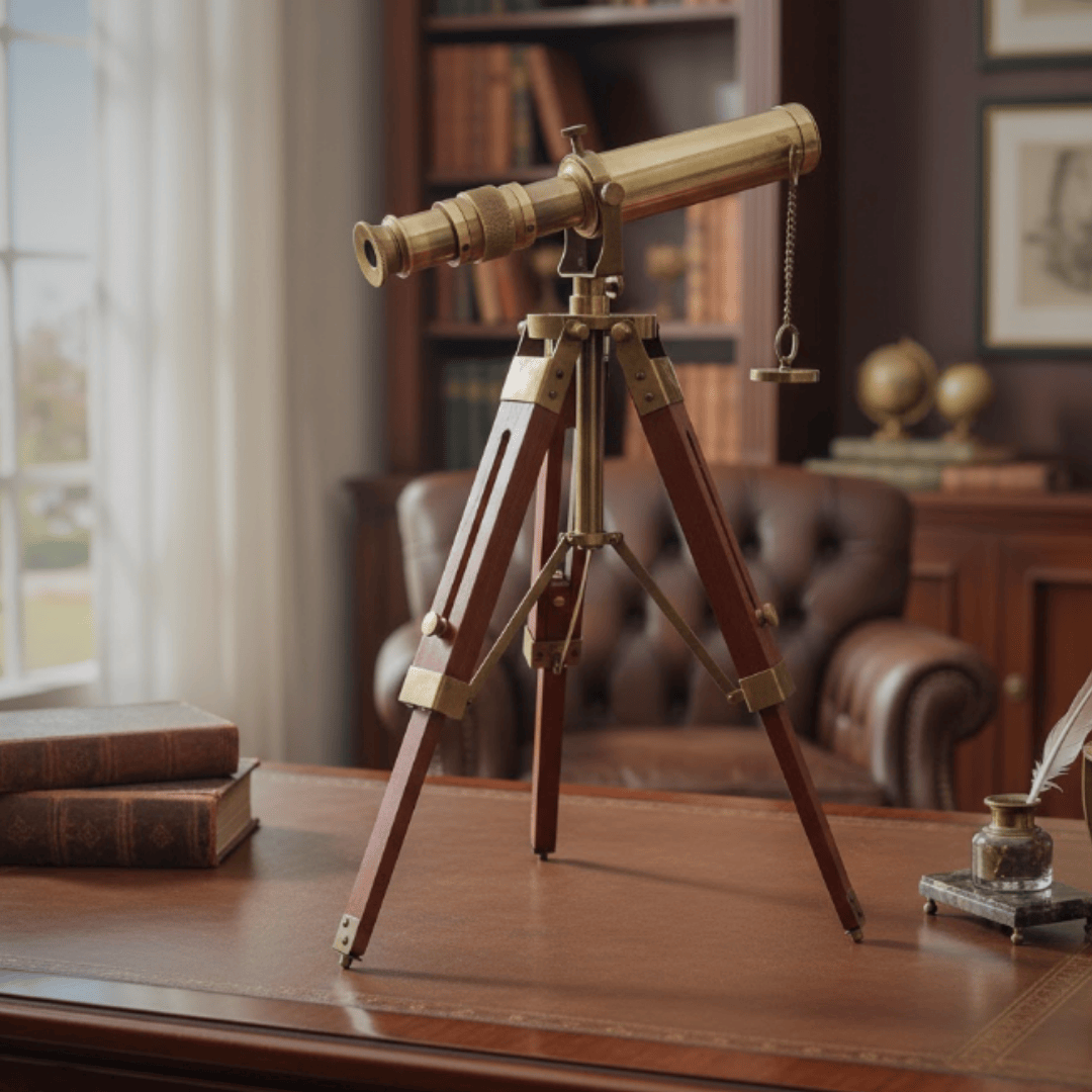 Retro messing telescoop op houten driepoot met verstelbare hoogte en graveeroptie