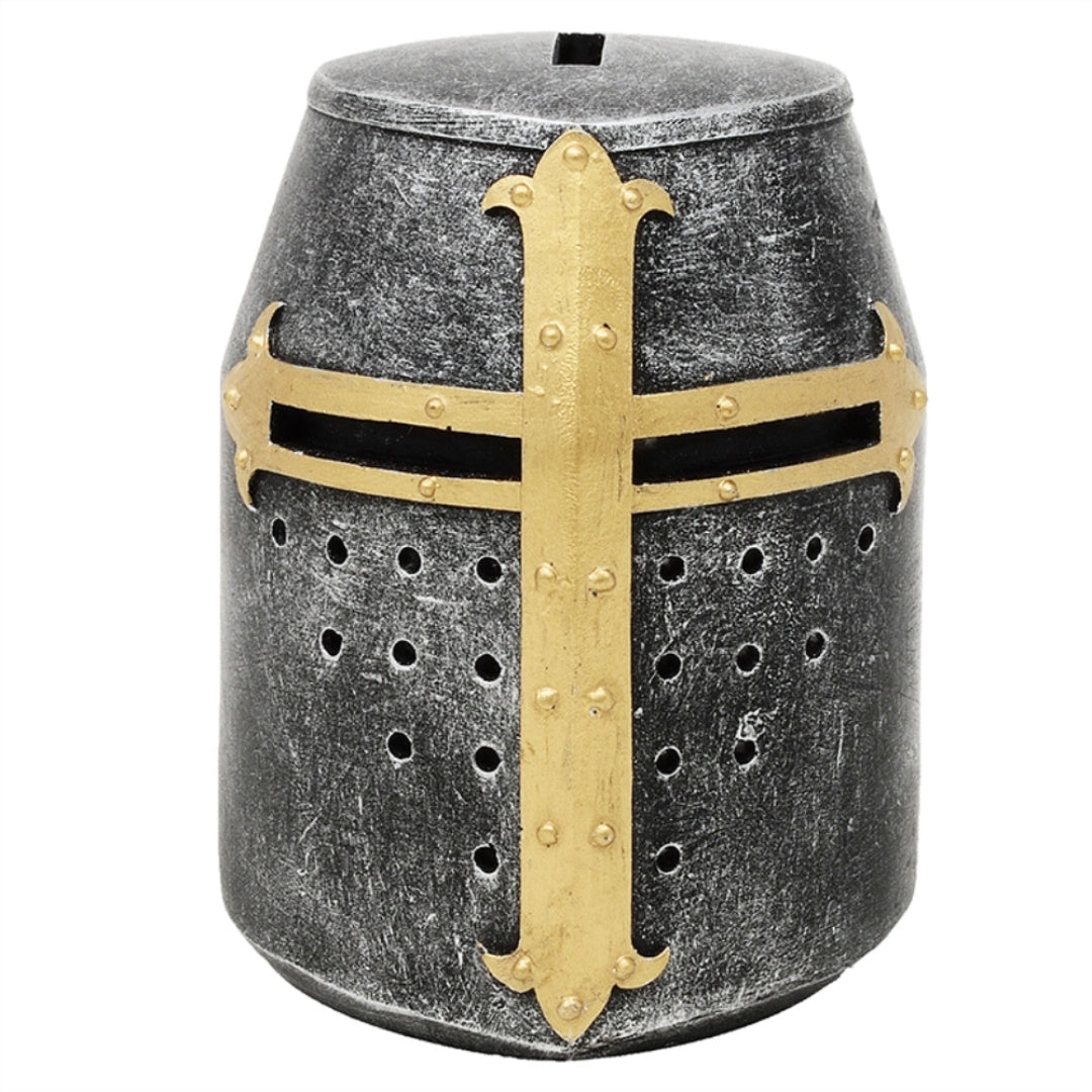 Spaarpot kruisridderhelm met personalisatie met gravure – uniek cadeau in middeleeuwse stijl, hoogte 10 cm, handbeschilderd, van polyresin