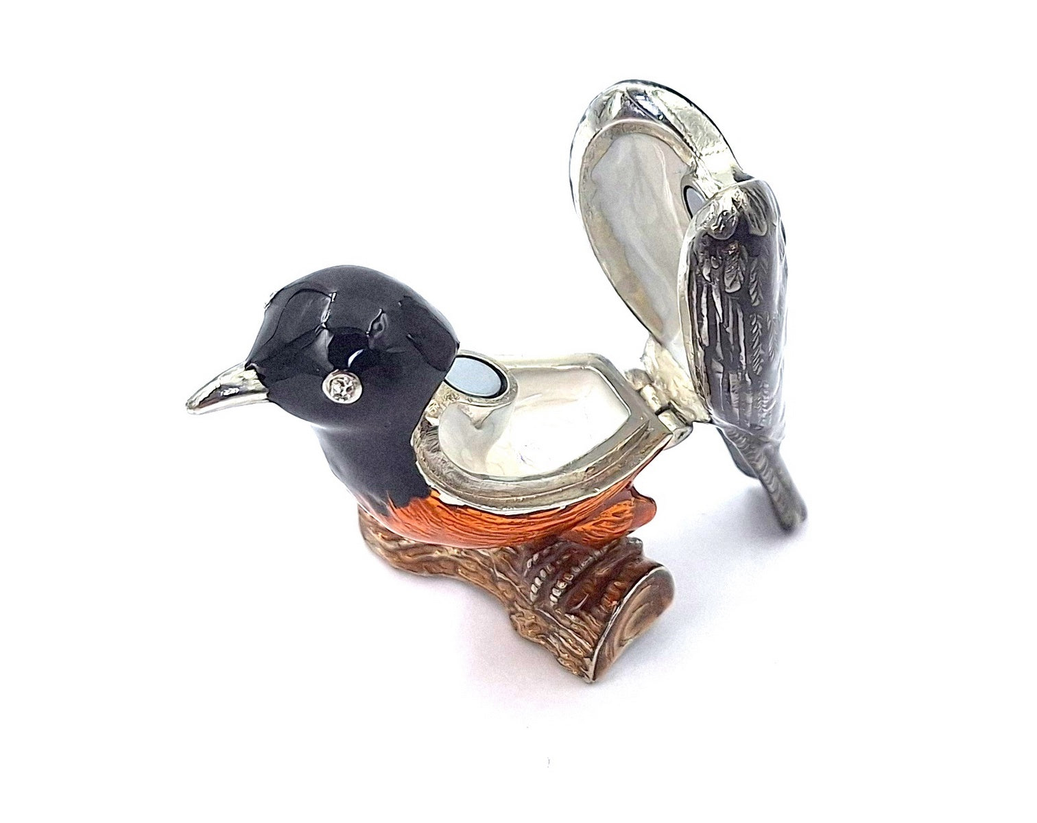 Metalen doosje in de vorm van een vogeltje met kristalletjes, gepersonaliseerd met gravure, ideaal als cadeau - zwart, zilver, bruin, oranje, afmetingen 5x6x5cm, materiaal: metaal, email, kristal