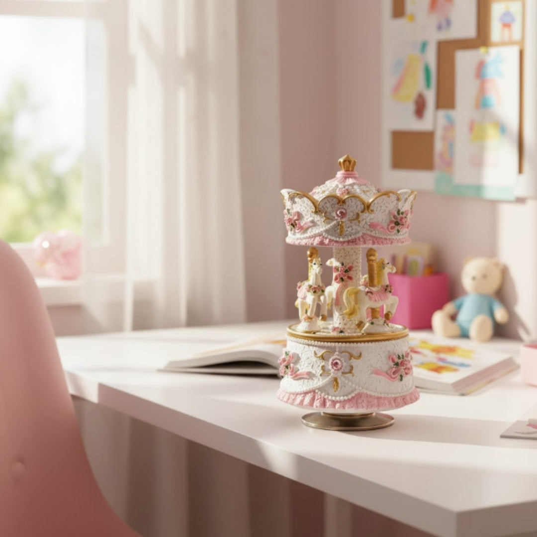Pastelkleurige carrousel-muziekdoos MP-333 met gravure